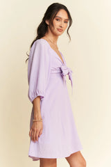 Davi & Dani Self-Tie Puff Sleeve Smocking Open Back Mini Dress OutfitFlow