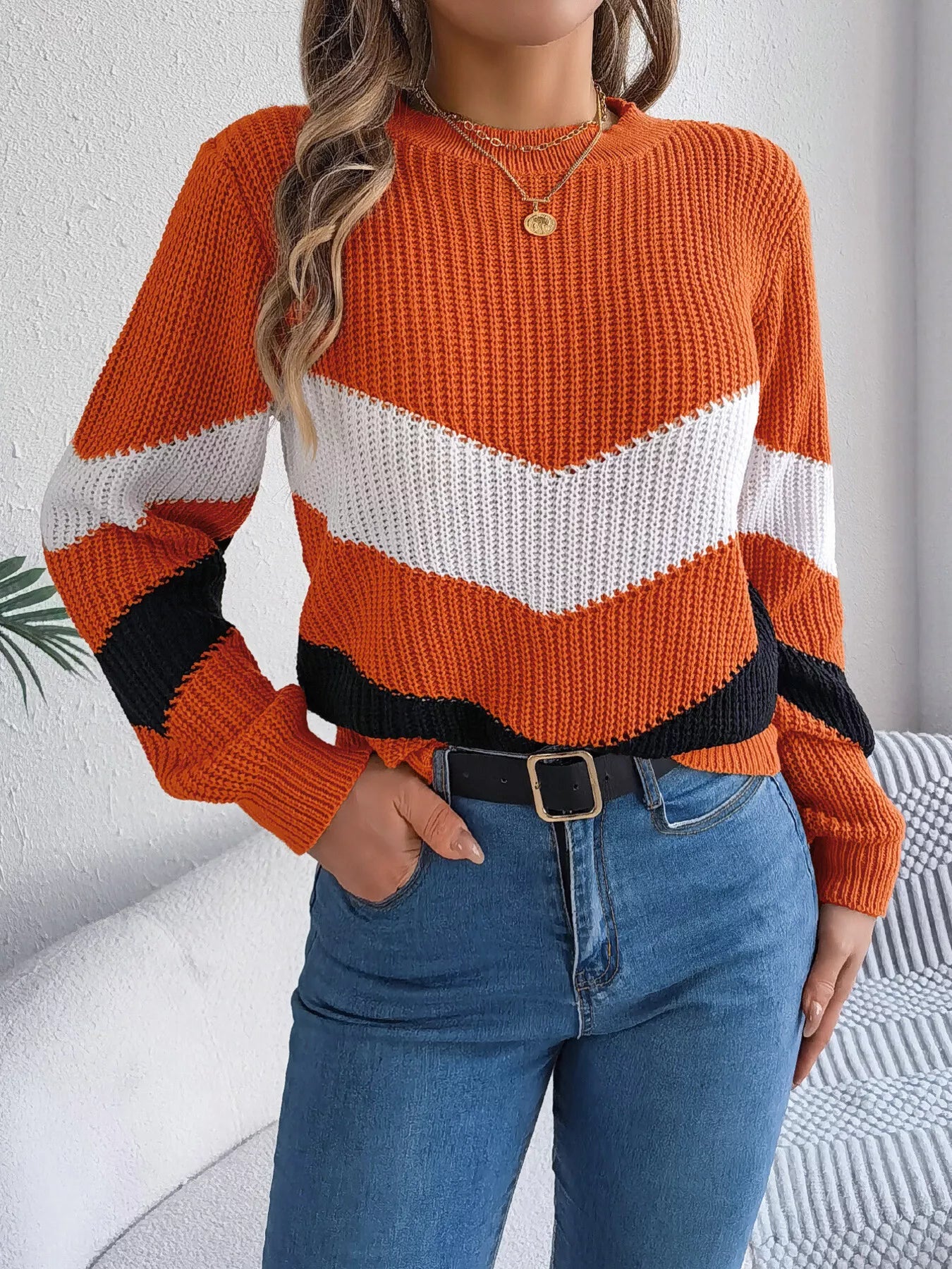 Chevron Stripe Color Block Round Neck Sweater OutfitFlow