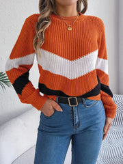 Chevron Stripe Color Block Round Neck Sweater OutfitFlow