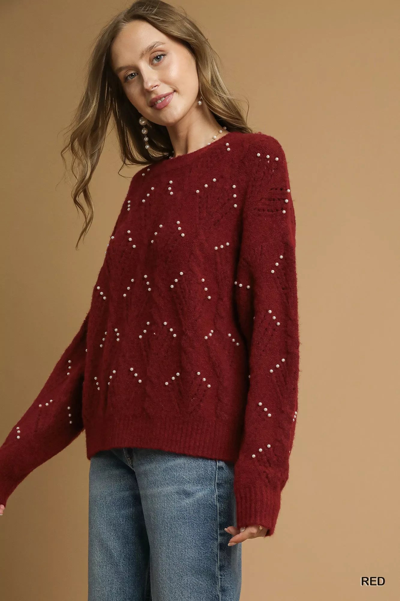 Umgee Pearl-Embellished Long Sleeve Sweater Trendsi