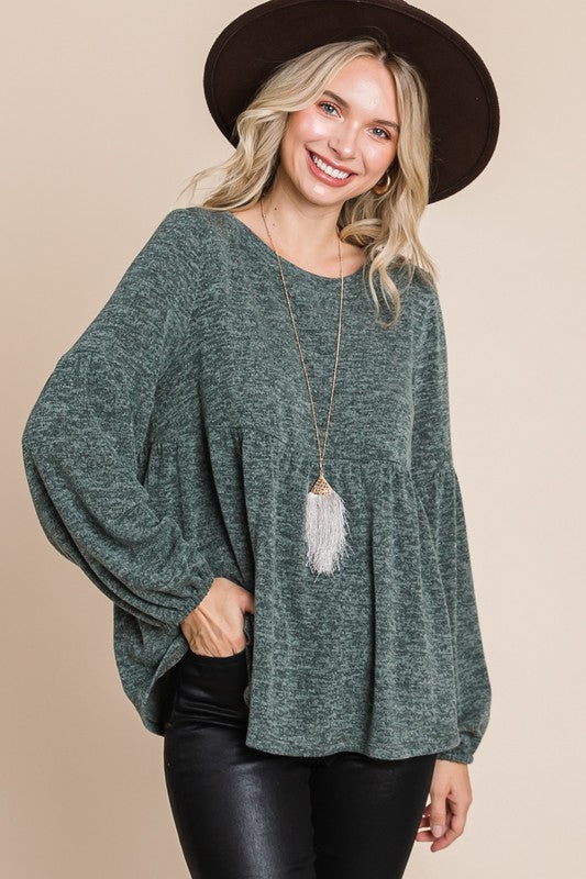 Outfit Flow - Super Lady Full Size Heathered Round Neck Babydoll Top