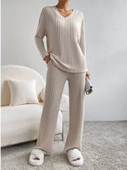 Ribbed Knit V-Neck Top and Pants Set OutfitFlow