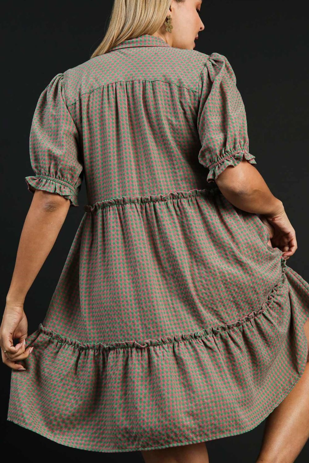 Umgee Full Size Plaid Frill Button Detail Ruffled Short Sleeve Dress Plus Size OutfitFlow