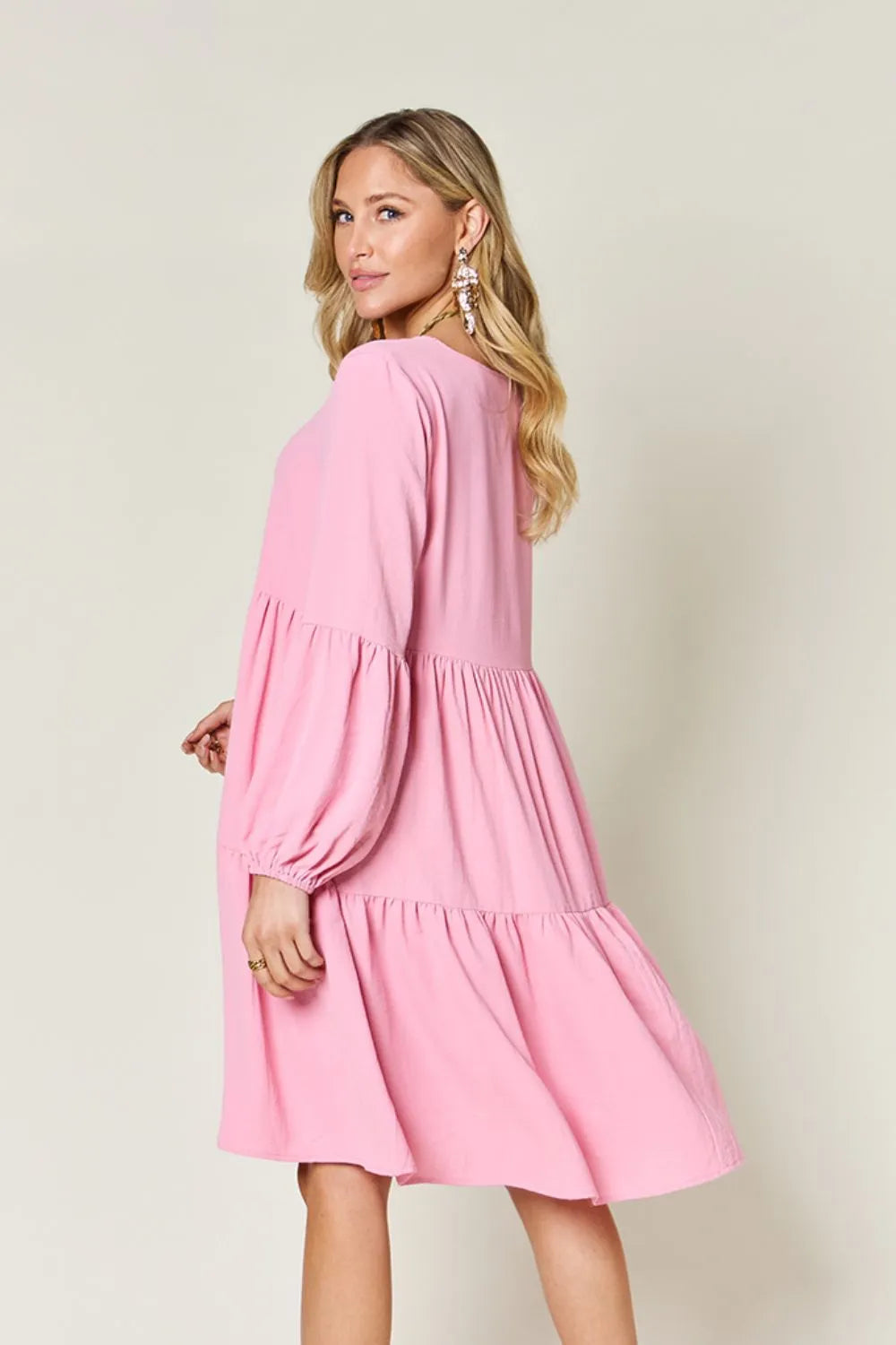 Double Take Full Size V-Neck Balloon Sleeve Tiered Dress with Pockets OutfitFlow