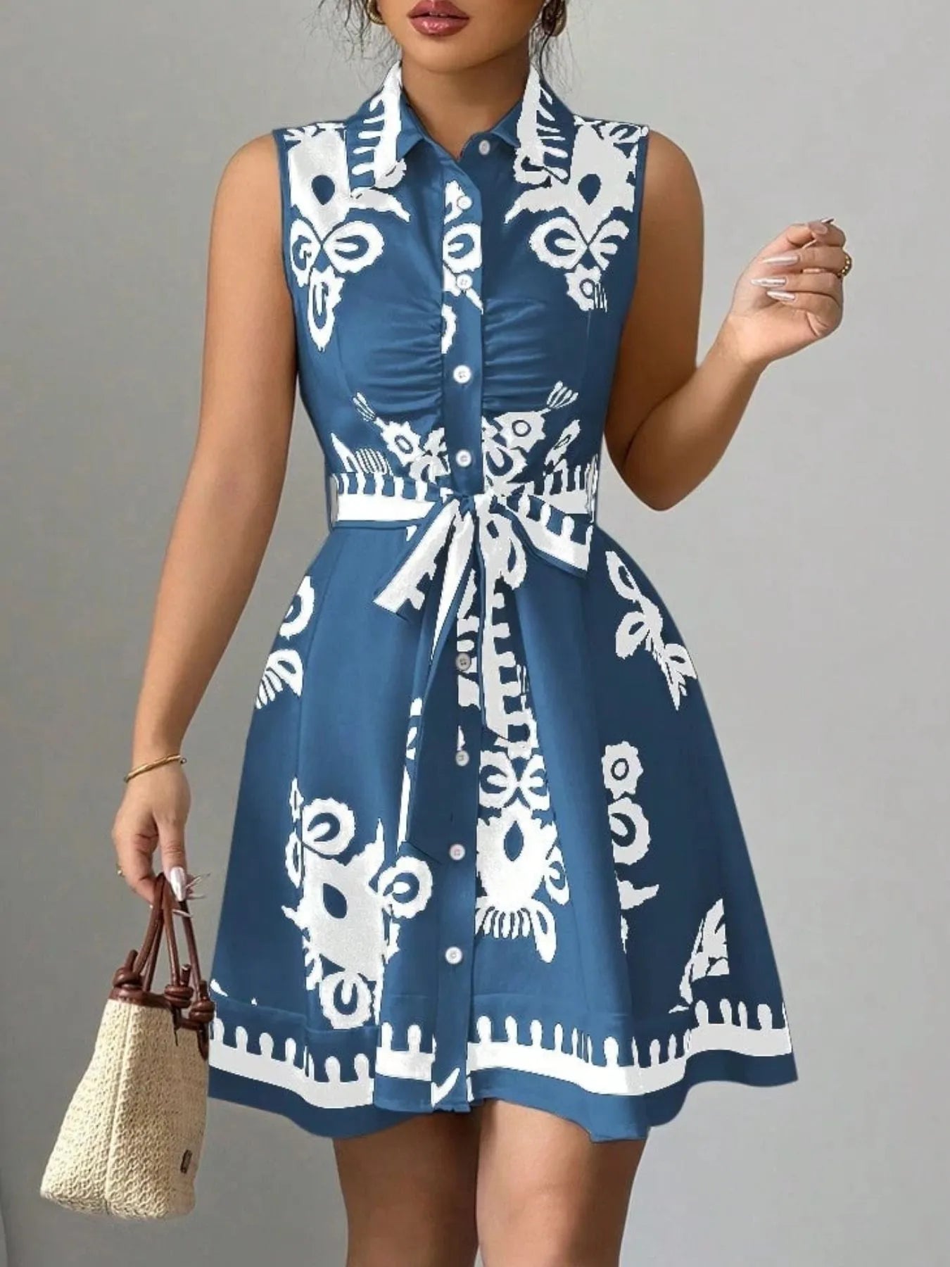 Printed Sleeveless Tie Waist Mini Dress OutfitFlow