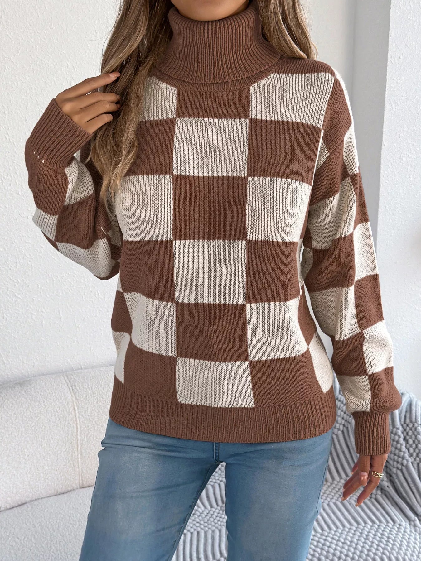 Checkered Turtleneck Long Sleeve Sweater OutfitFlow