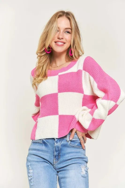 ADORA Plus Size Comfy Checkered Colorblock Sweater Top OutfitFlow