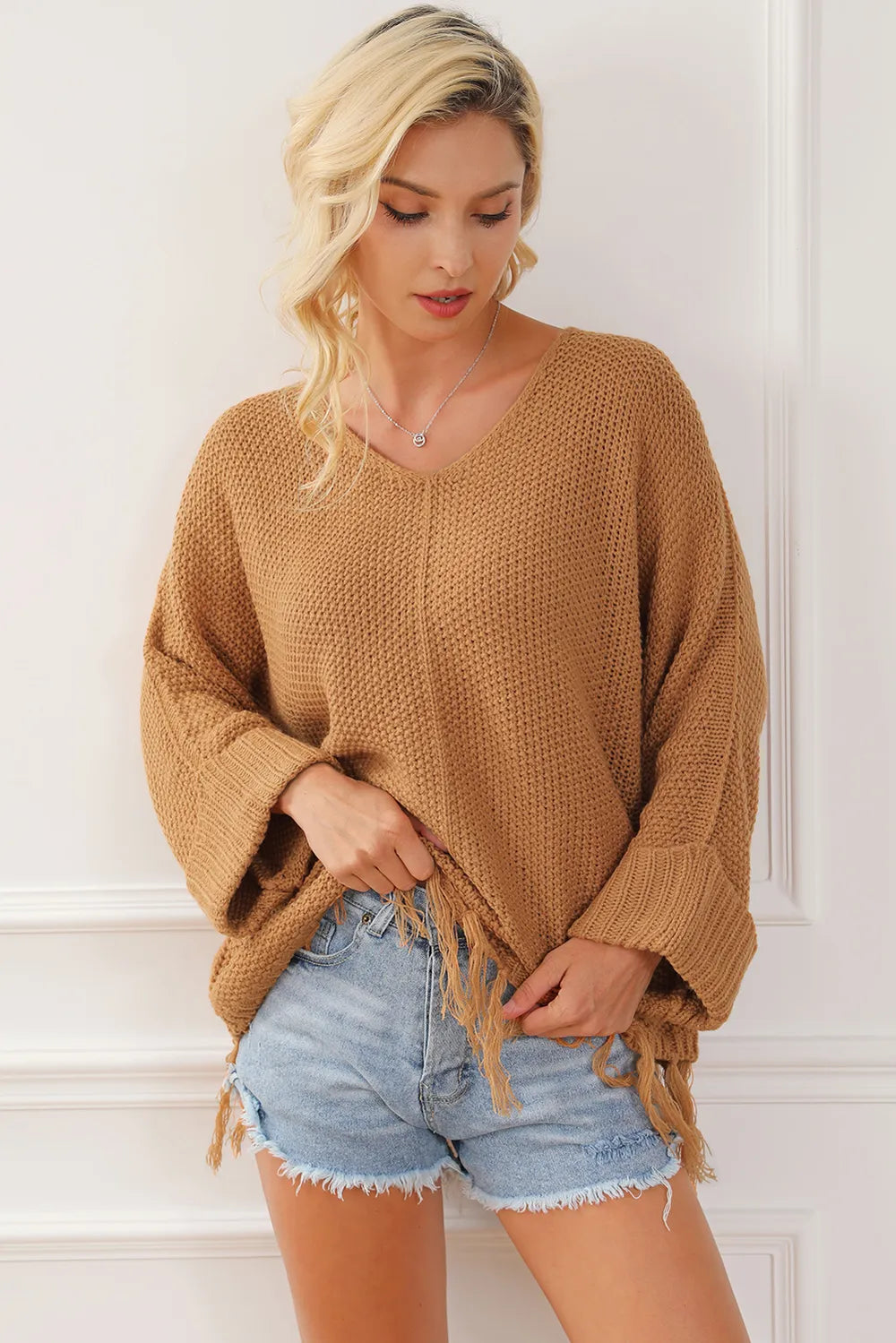 Fringe V-Neck Long Sleeve Sweater OutfitFlow