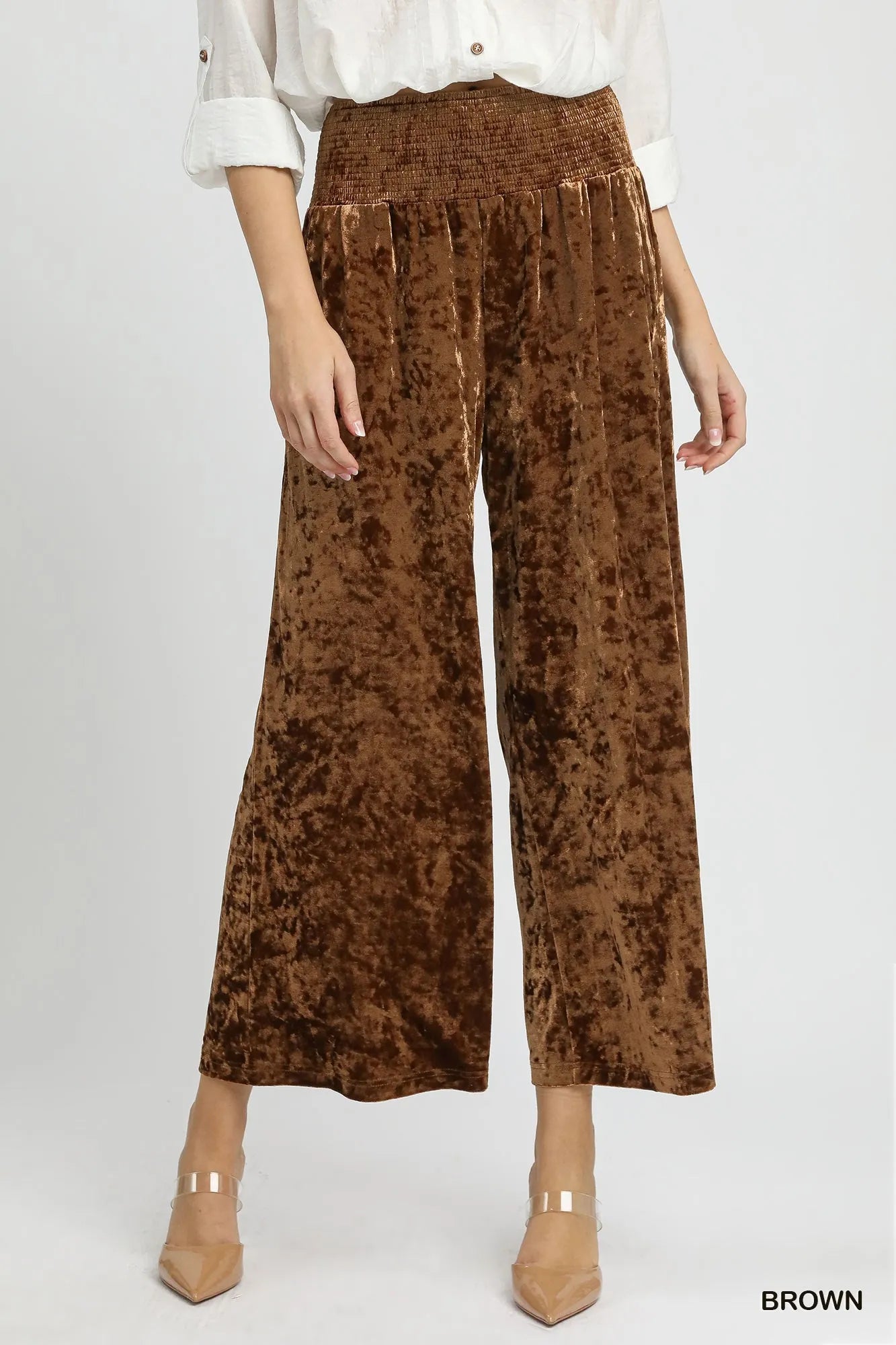 Umgee Velvet Smocked Waistband Wide Leg Pants Brown Trendsi