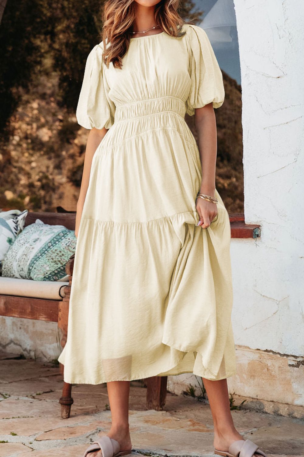 Puff Sleeve Pleated High Waist Flowy Midi Dress OutfitFlow