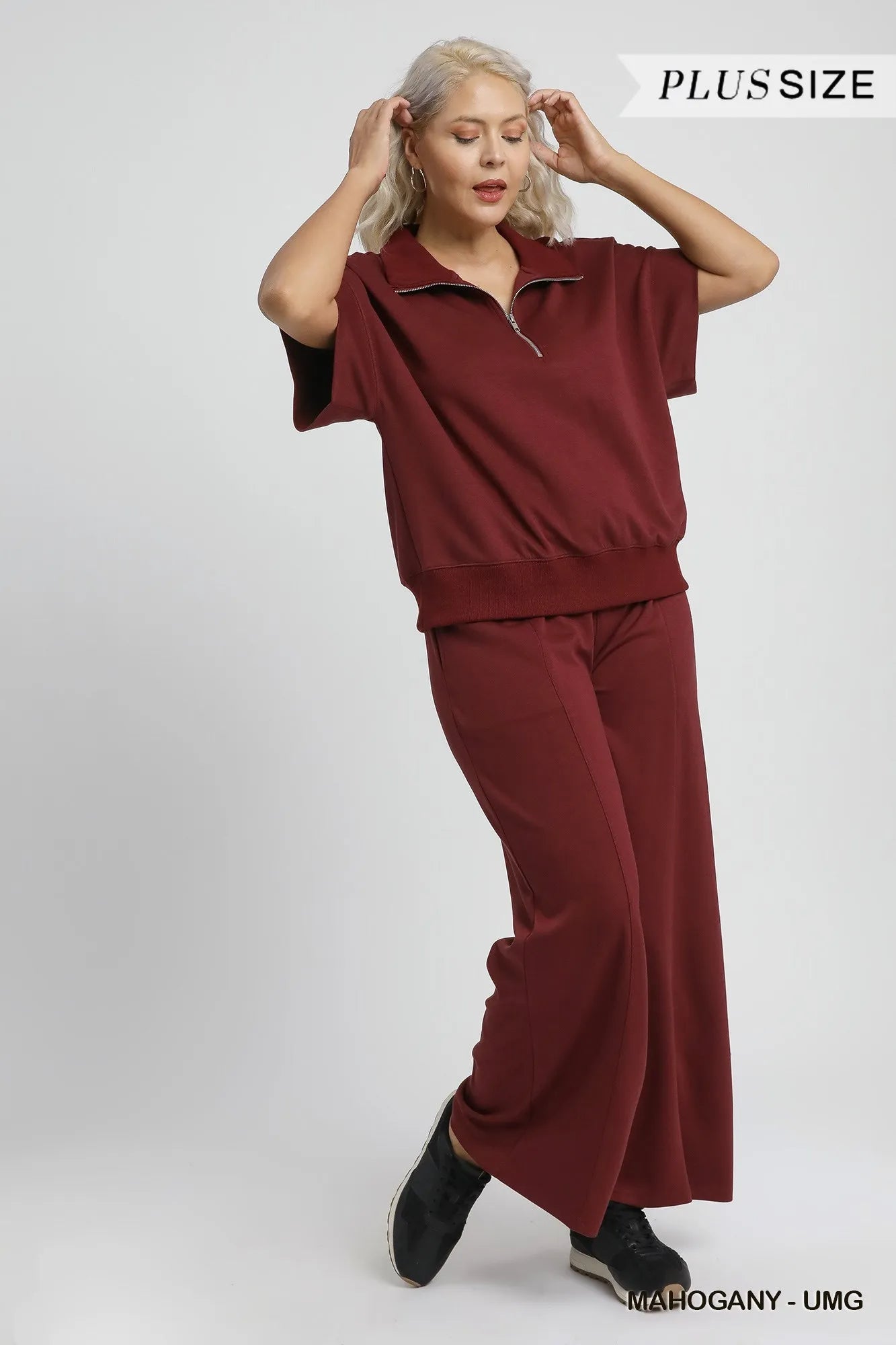 Umgee Full Size Half-Zip Short Sleeve Top Plus Size OutfitFlow