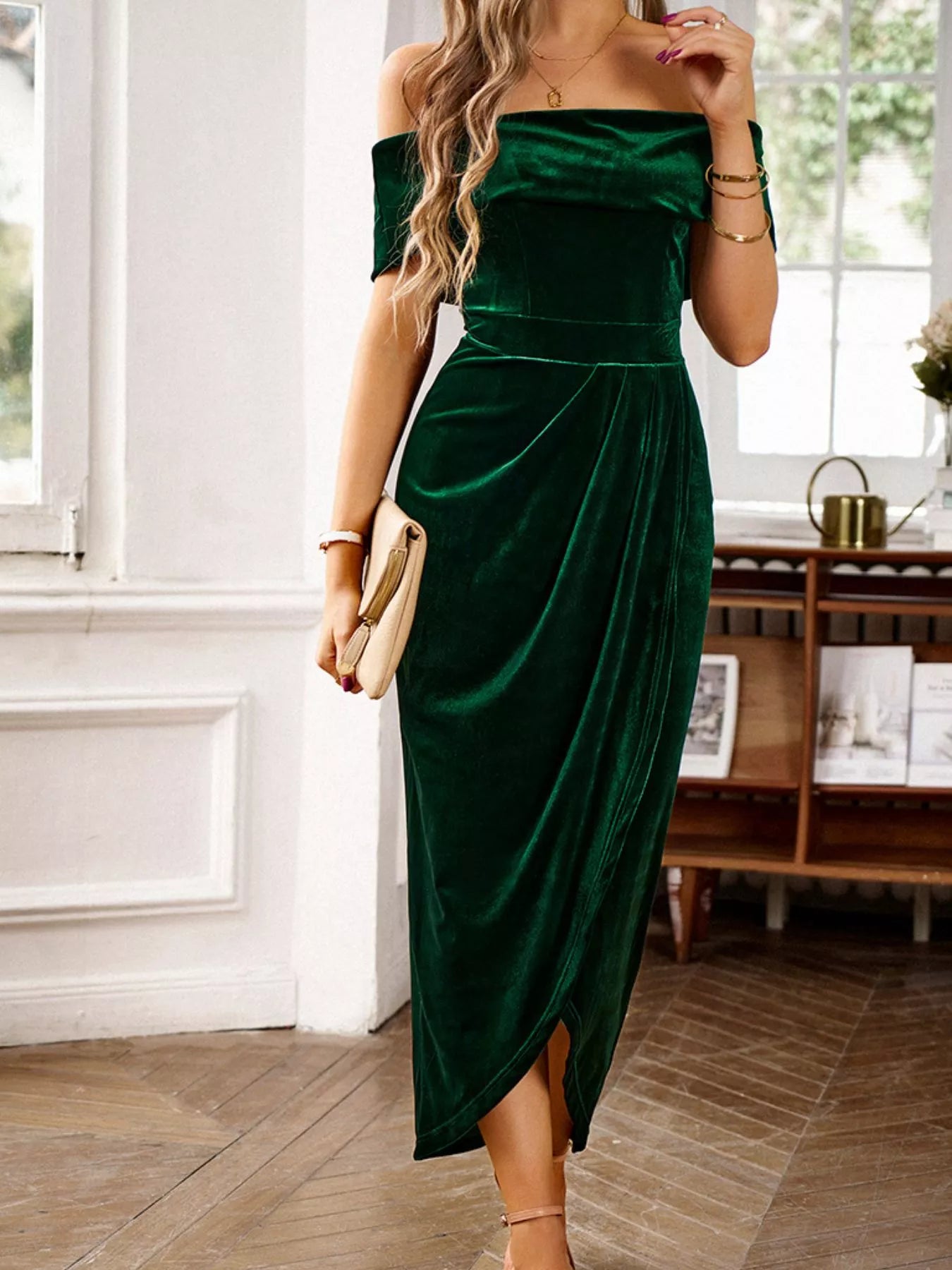 Velvet Off-Shoulder Ruched Midi Dress Trendsi