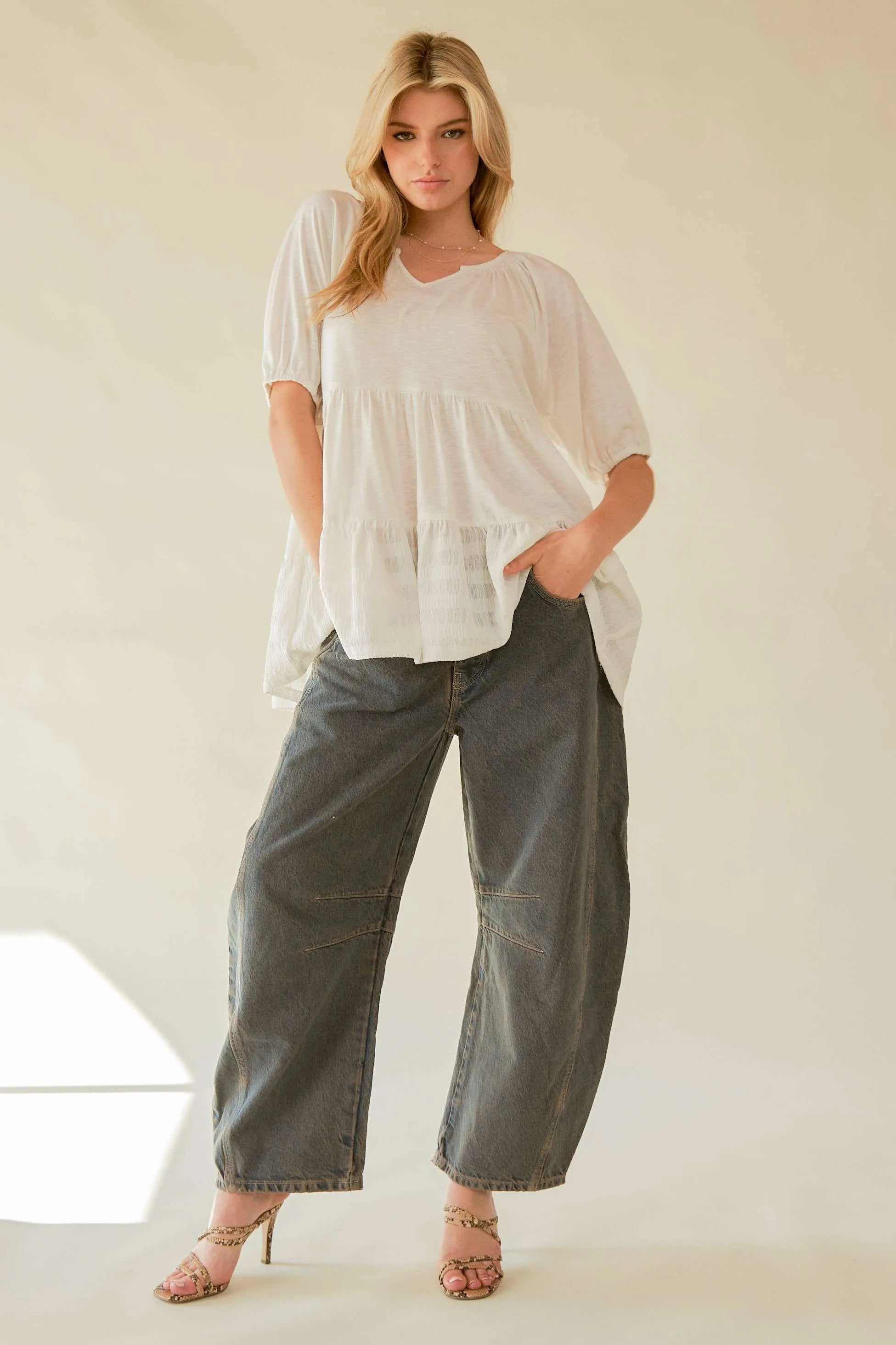 Davi & Dani Ruffled Flared Short Sleeve V Neck Blouse OutfitFlow