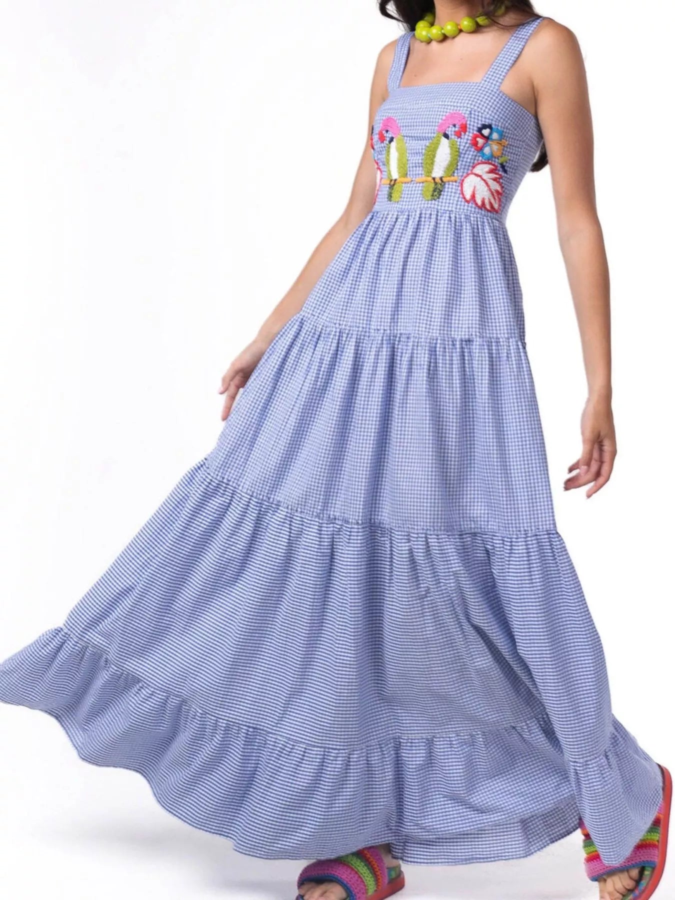 Embroidered Square Neck Tiered Maxi Cami Dress Dark Blue OutfitFlow