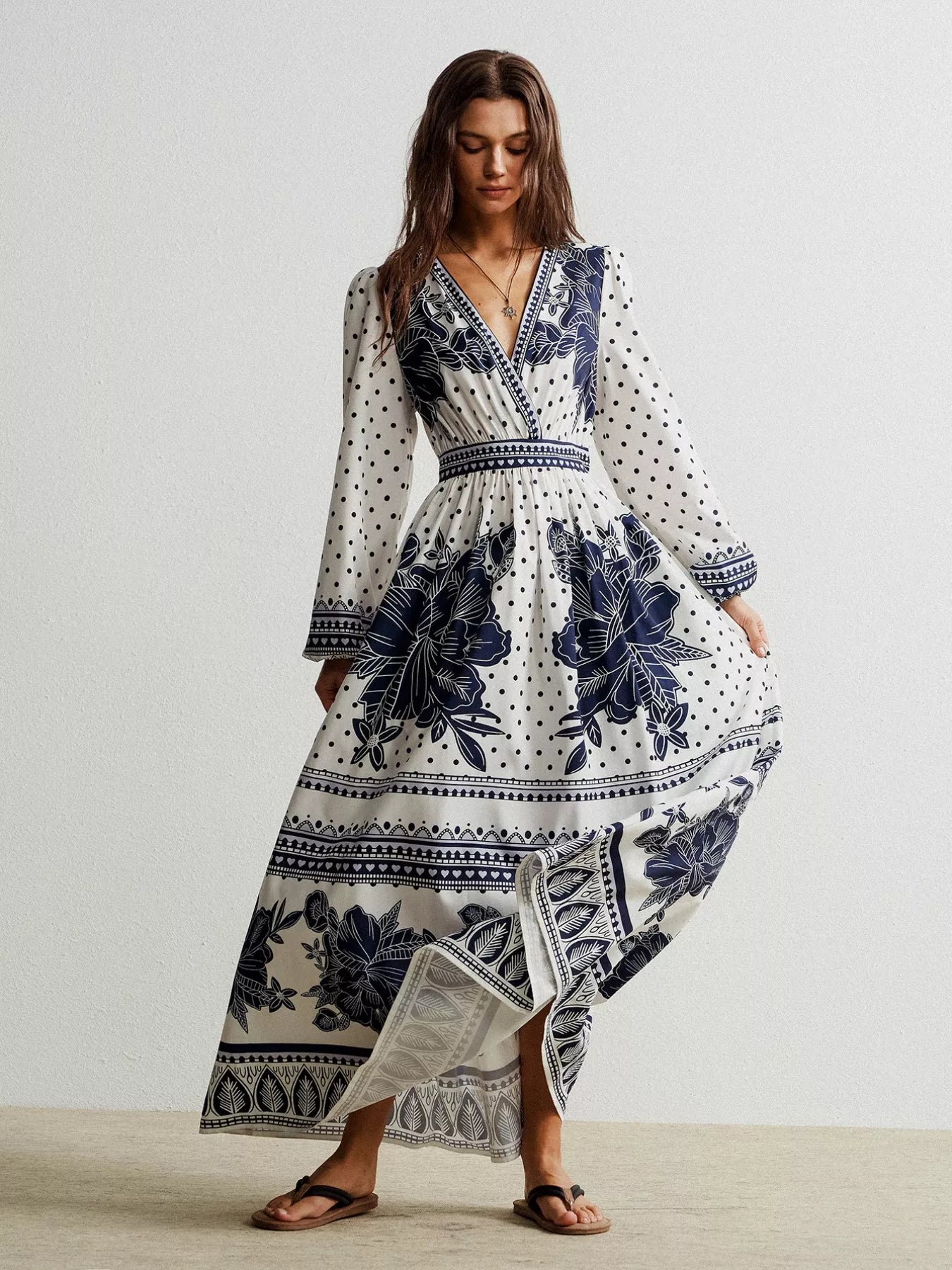 Floral Print Long Sleeve Maxi Dress Indigo OutfitFlow