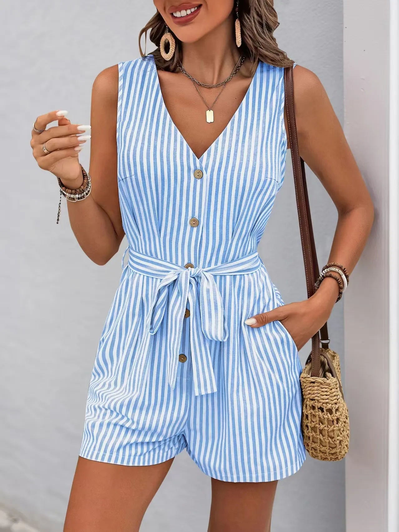 Striped V-neck Button Front Belted Romper OutfitFlow