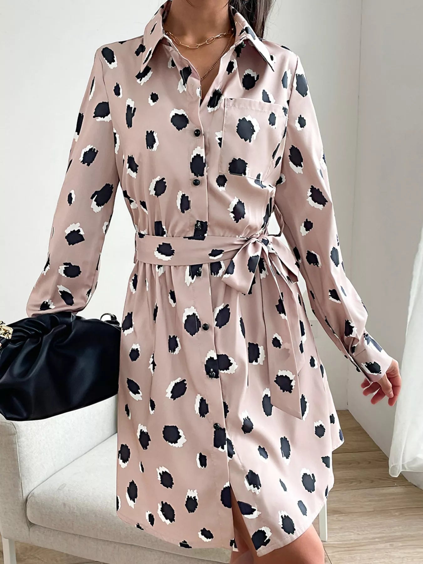 Printed Long Sleeve Mini Shirt Dress OutfitFlow