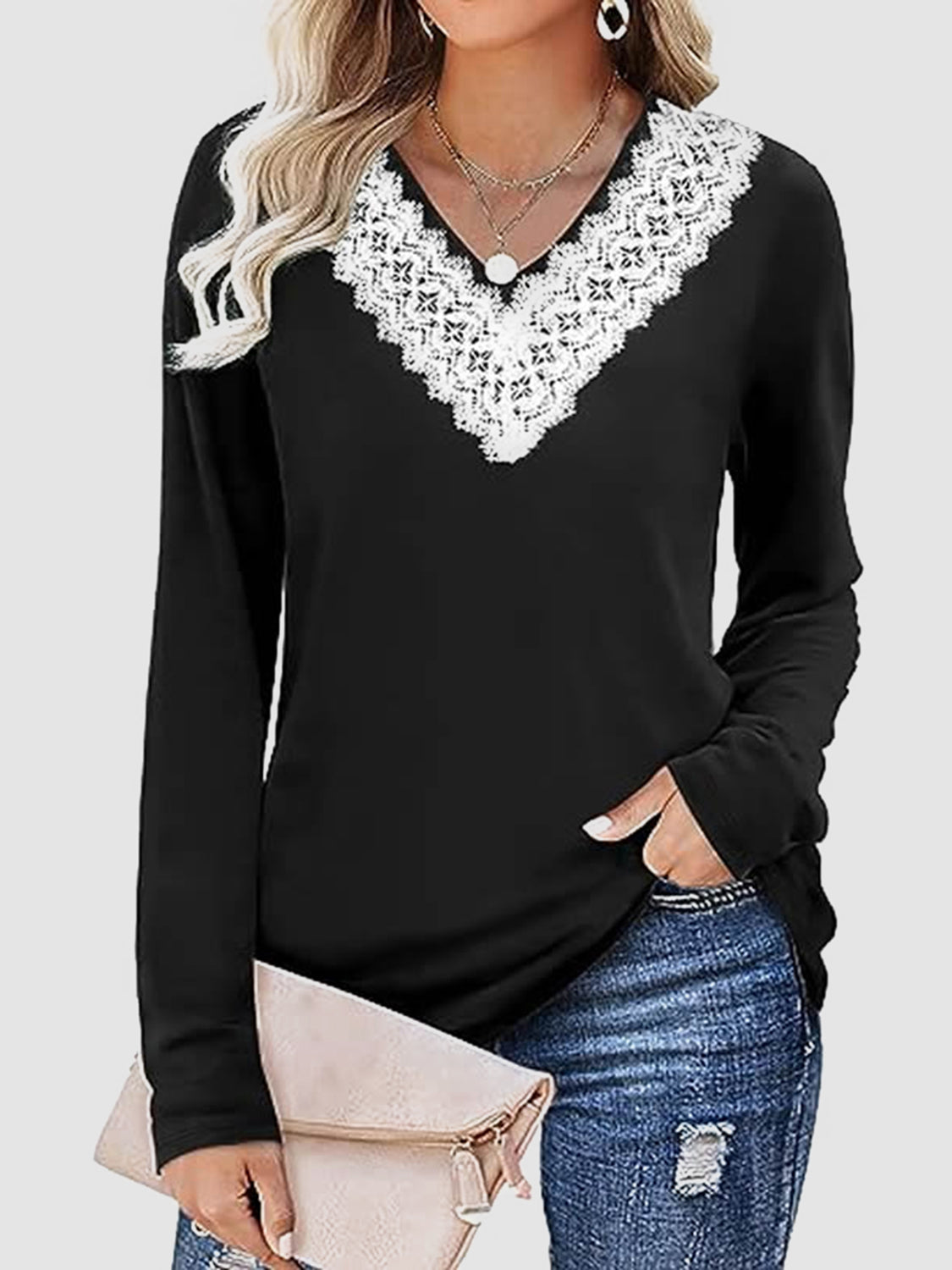 Outfit Flow - Lace Detail V-Neck Long Sleeve T-Shirt