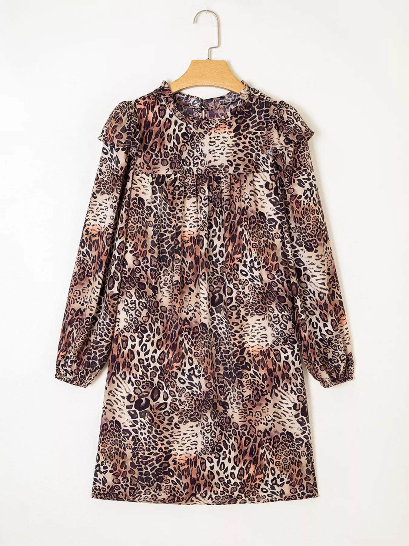 Leopard Ruffled Detail Long Sleeve Loose Mini Dress OutfitFlow