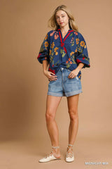 Umgee Floral Print Flounce Sleeve Blouse OutfitFlow