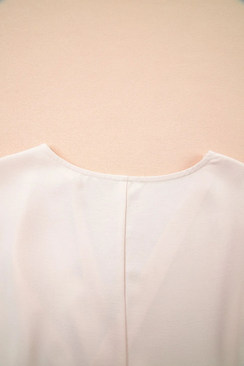 Surplice Knotted Ruched Cap Sleeve Blouse OutfitFlow