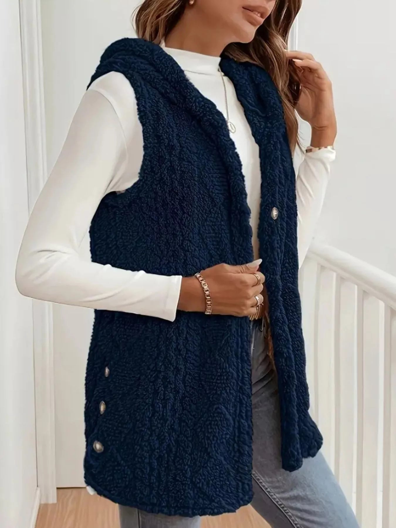Button Up Plush Hooded Vest Coat OutfitFlow