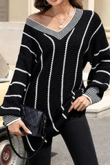 Outfit Flow - Striped V-Neck Long Sleeve Sweater