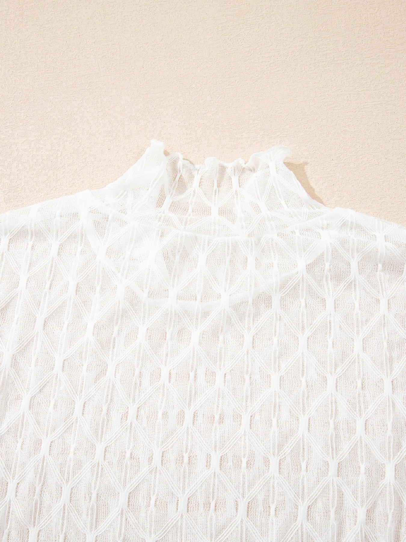 Sheer Mesh Patterned Lettuce Trim Slim Long Sleeve Top OutfitFlow