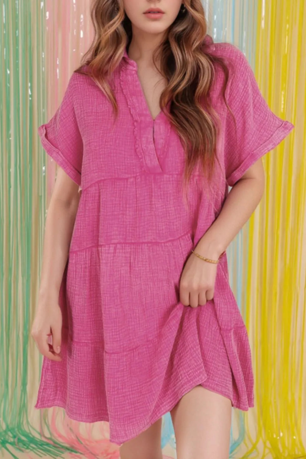 Mineral Wash Crinkle Split Neck Raw Hem Tiered Dress Hot Pink OutfitFlow