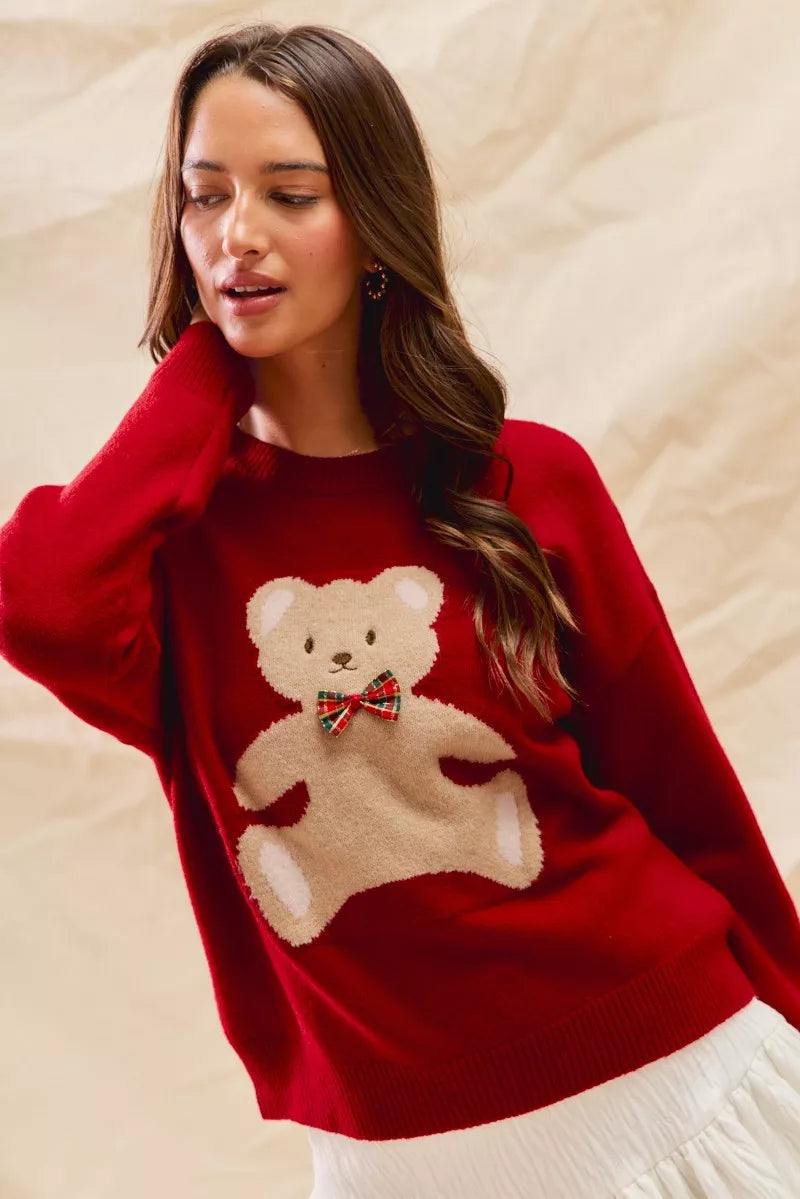SO ME Teddy Bear With Check Ribbon Christmas Sweater OutfitFlow