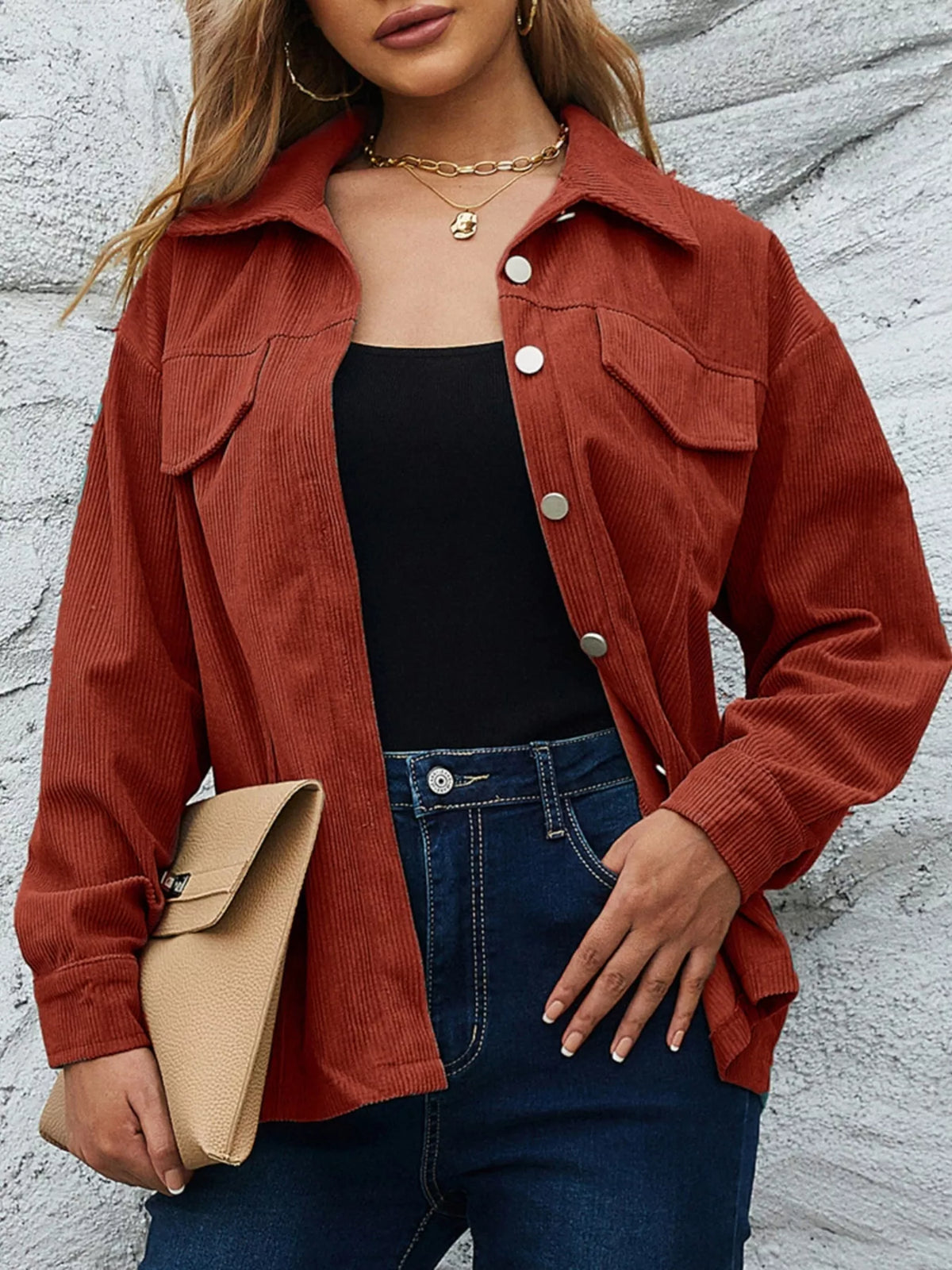Corduroy Button-Down Shacket Rust OutfitFlow
