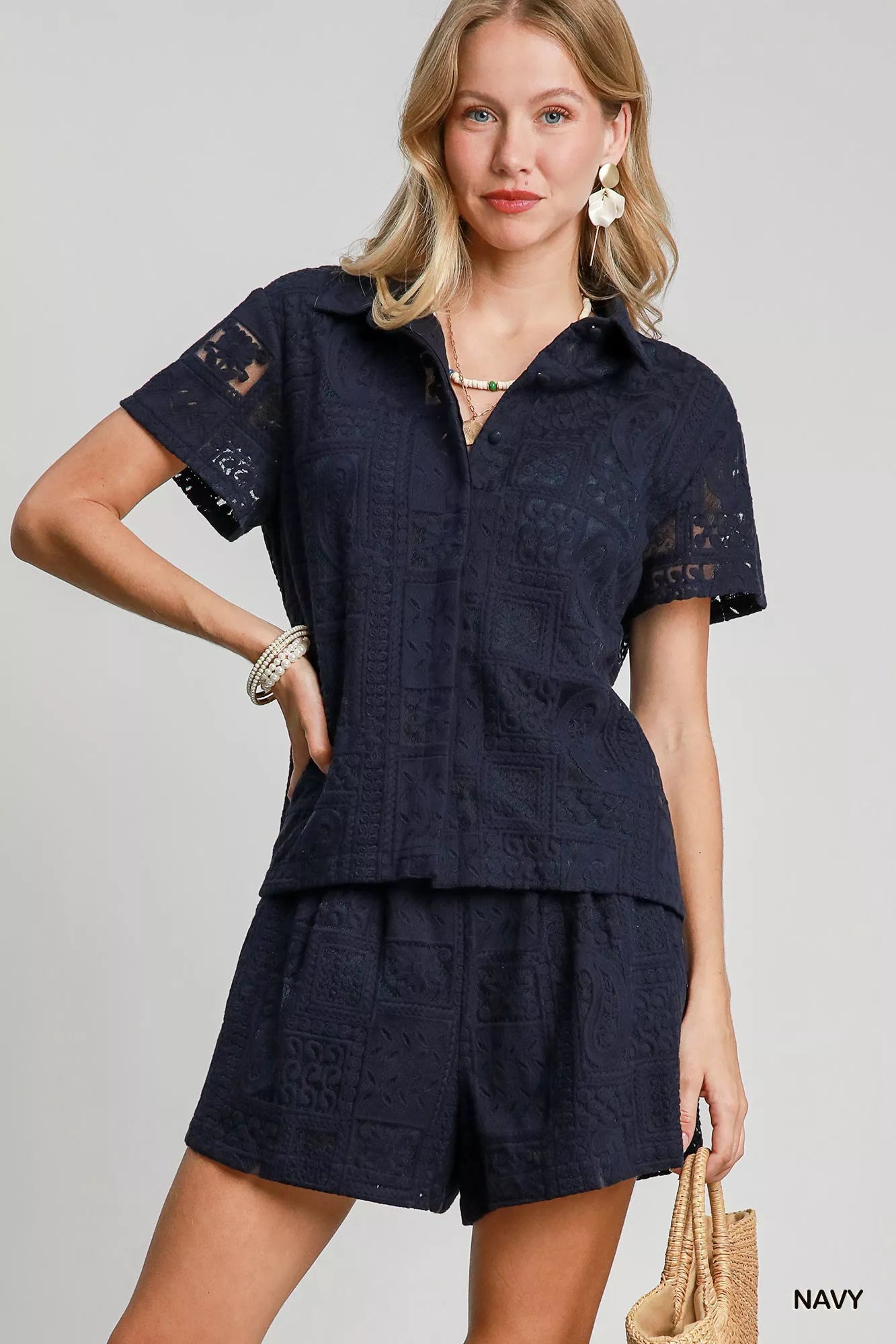 Umgee Patch Lace Short Sleeve Button Down Shirt Trendsi