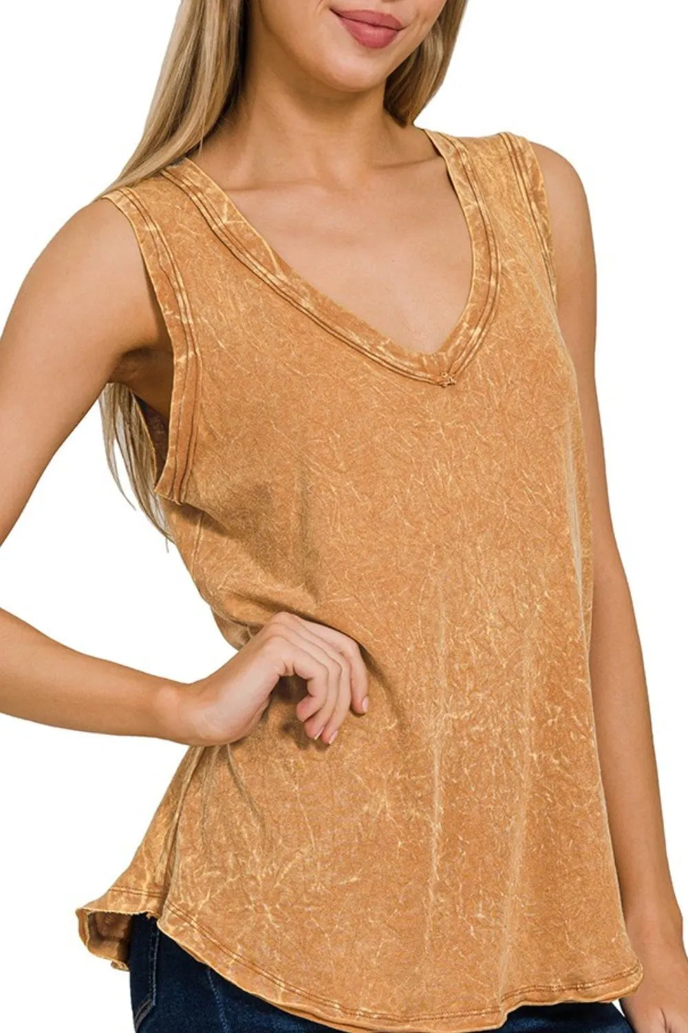 Zenana Crinkle Washed V-neck Sleeveless Top OutfitFlow