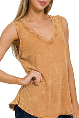 Zenana Crinkle Washed V-neck Sleeveless Top OutfitFlow