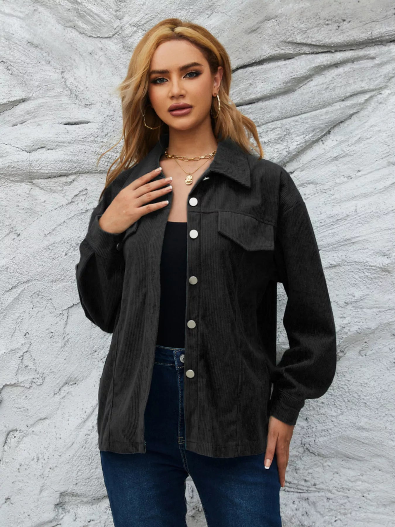 Casual Corduroy Button-Down Jacket OutfitFlow