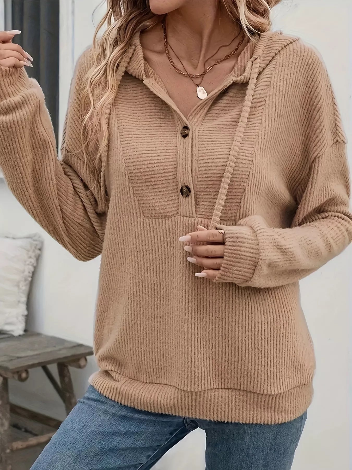 Button-Front Drawstring Hoodie OutfitFlow