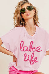 BiBi Metallic Letter Short Dolman Sleeve Top BLUSH OutfitFlow