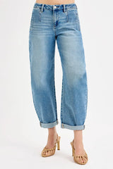RISEN Full Size Mid Rise Fit Barrel Roll Up Jeans Plus Size OutfitFlow