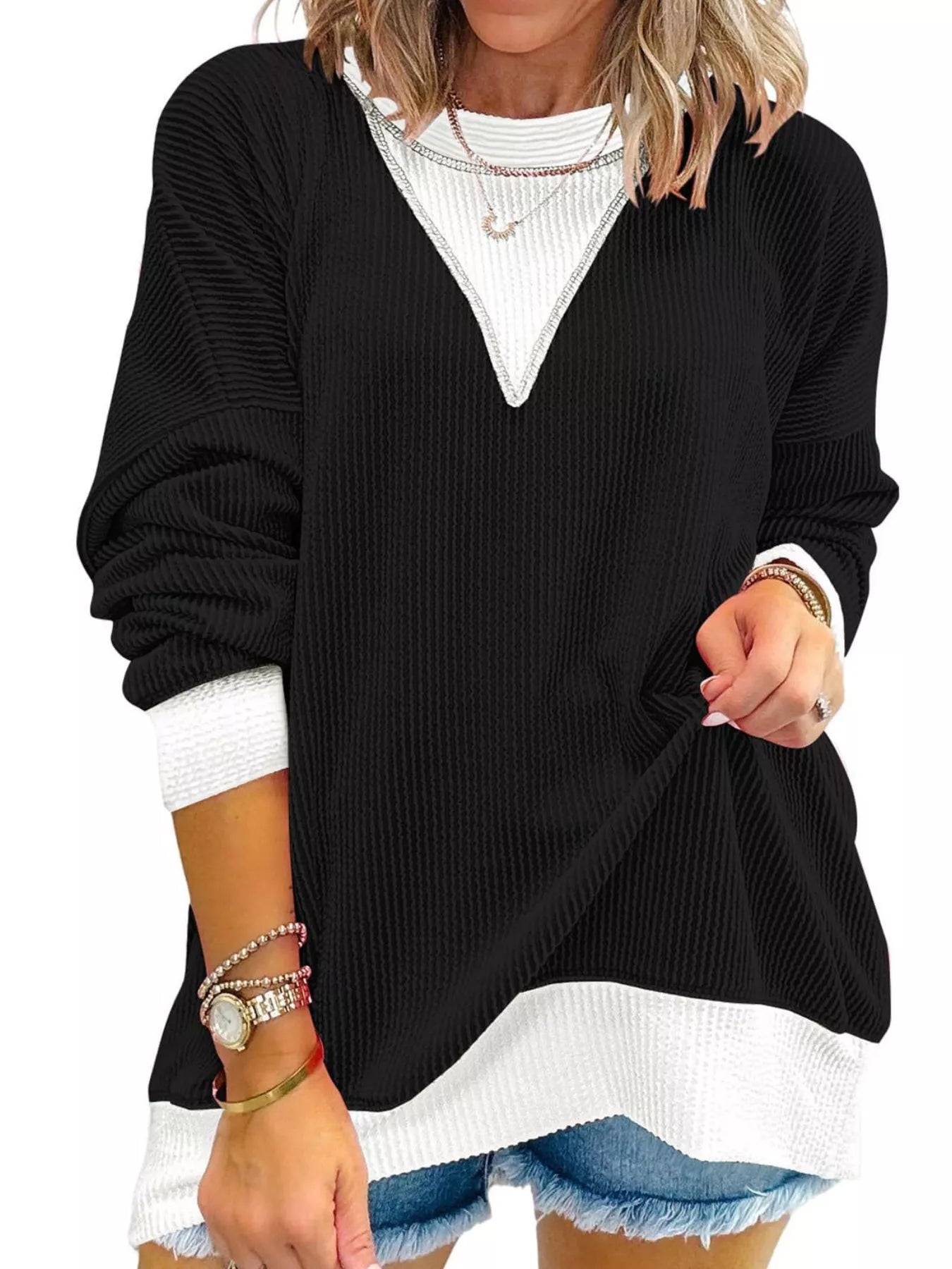 Contrast Dropped Shoulder Sweatshirt Black OutfitFlow