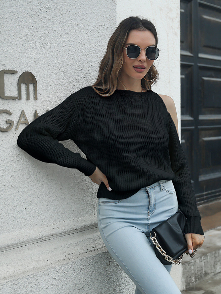 Cold-Shoulder Round Neck Sweater Trendsi