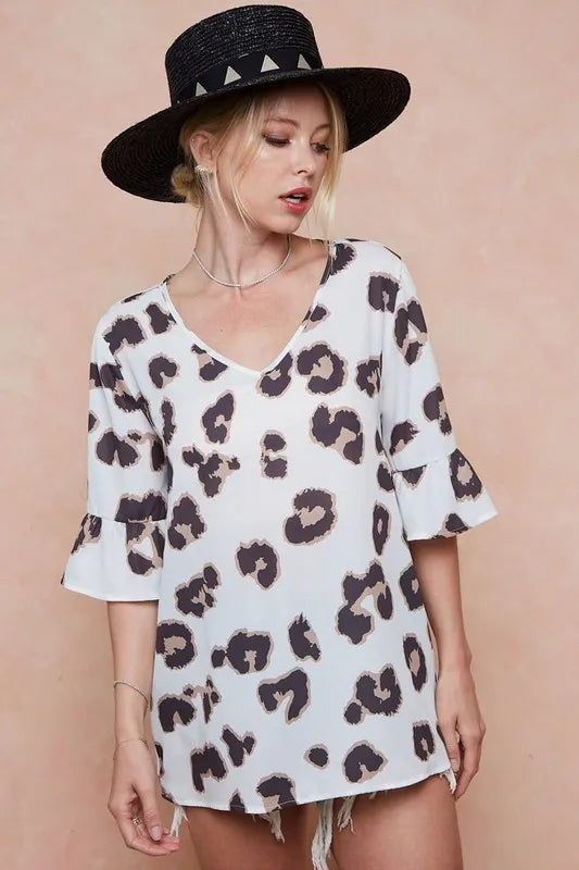 BiBi Leopard Printed V Neck Woven Top with Ruffled OutfitFlow