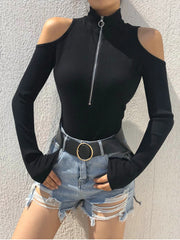 Zip Front Cold Shoulder Bodysuit OutfitFlow