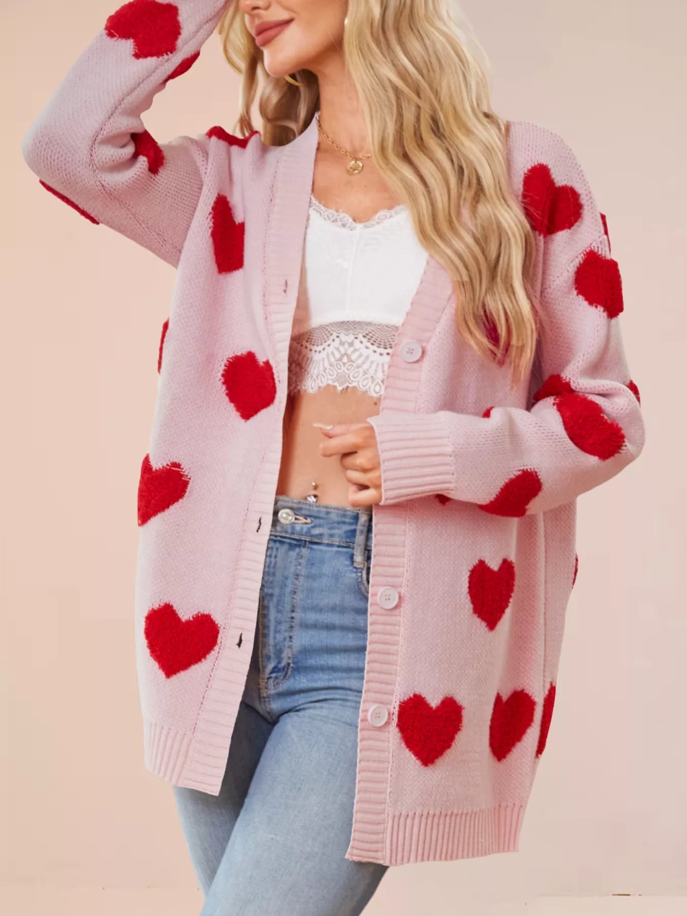 Heart Pattern Knit Button-Up Cardigan OutfitFlow