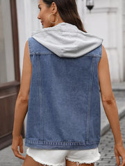 Button Up Removable Hooded Sleeveless Denim Jacket OutfitFlow