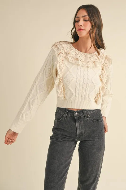 MABLE Ruffled Lace Crochet Sweater Trendsi