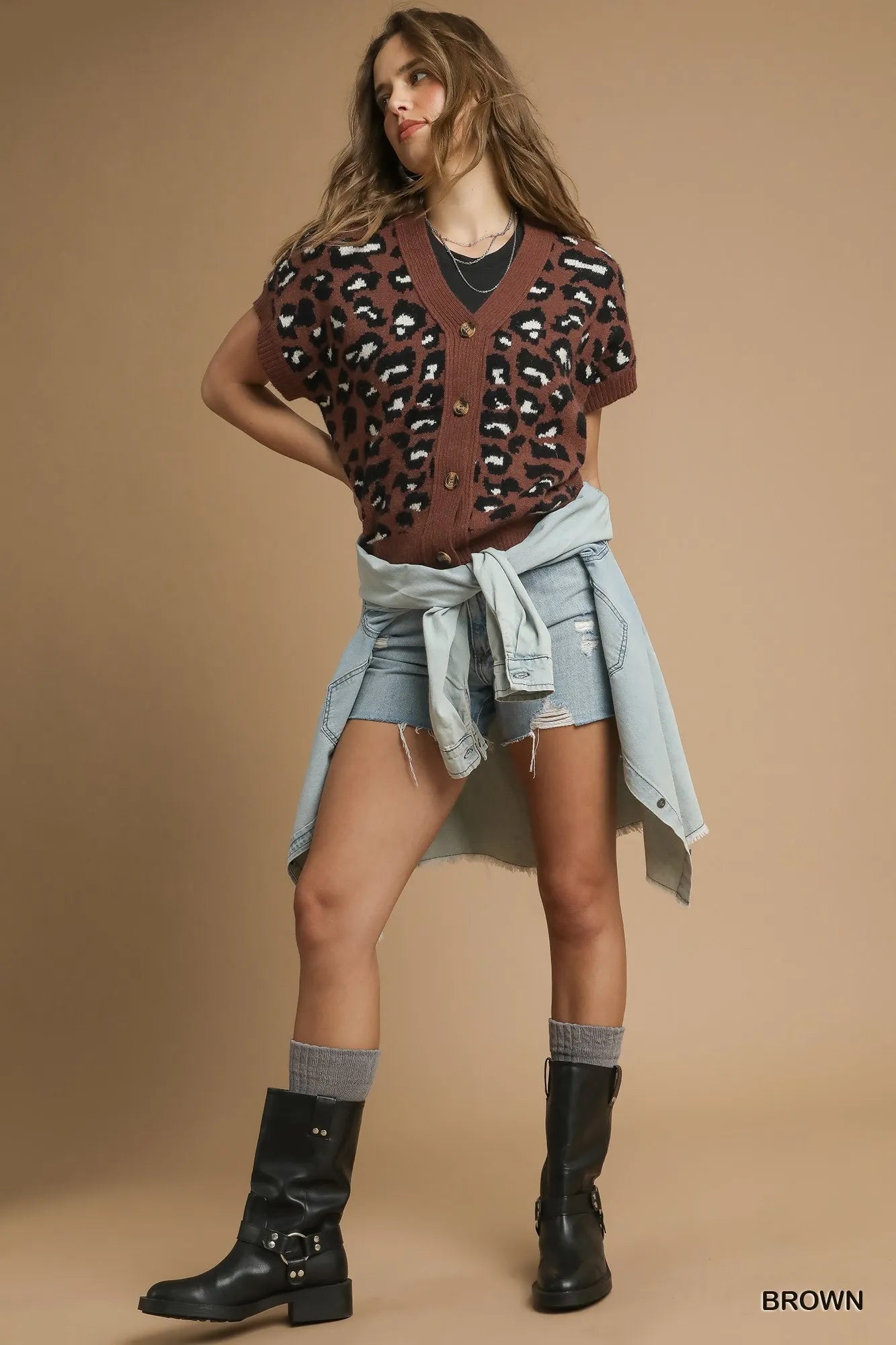 Umgee Leopard Button Down Short Sleeve Cardigan Trendsi