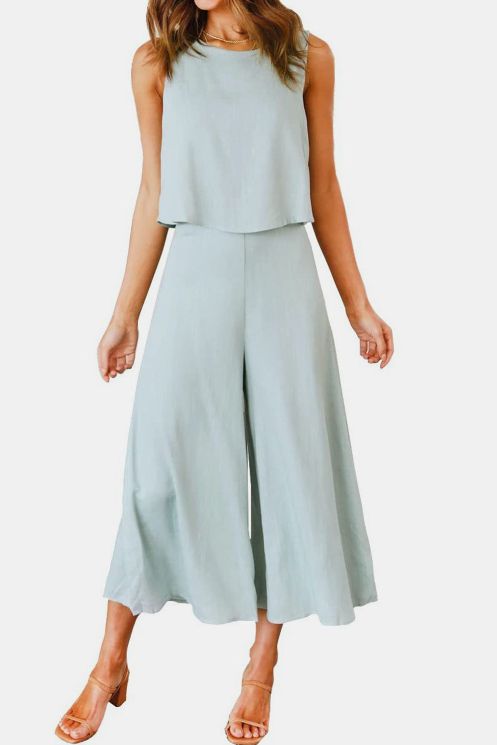 Outfit Flow - Round Neck Top and Wide Leg Pants Set