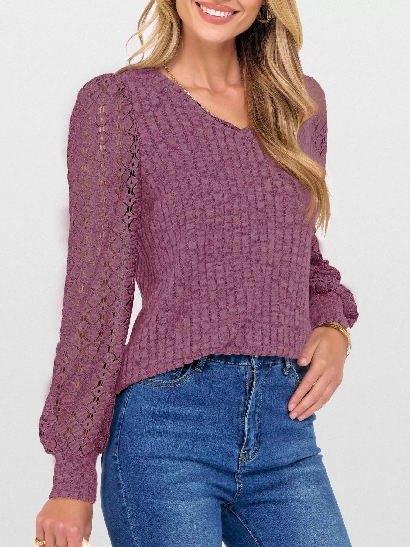 Lace Sleeve V-Neck T-Shirt Purple Pink OutfitFlow