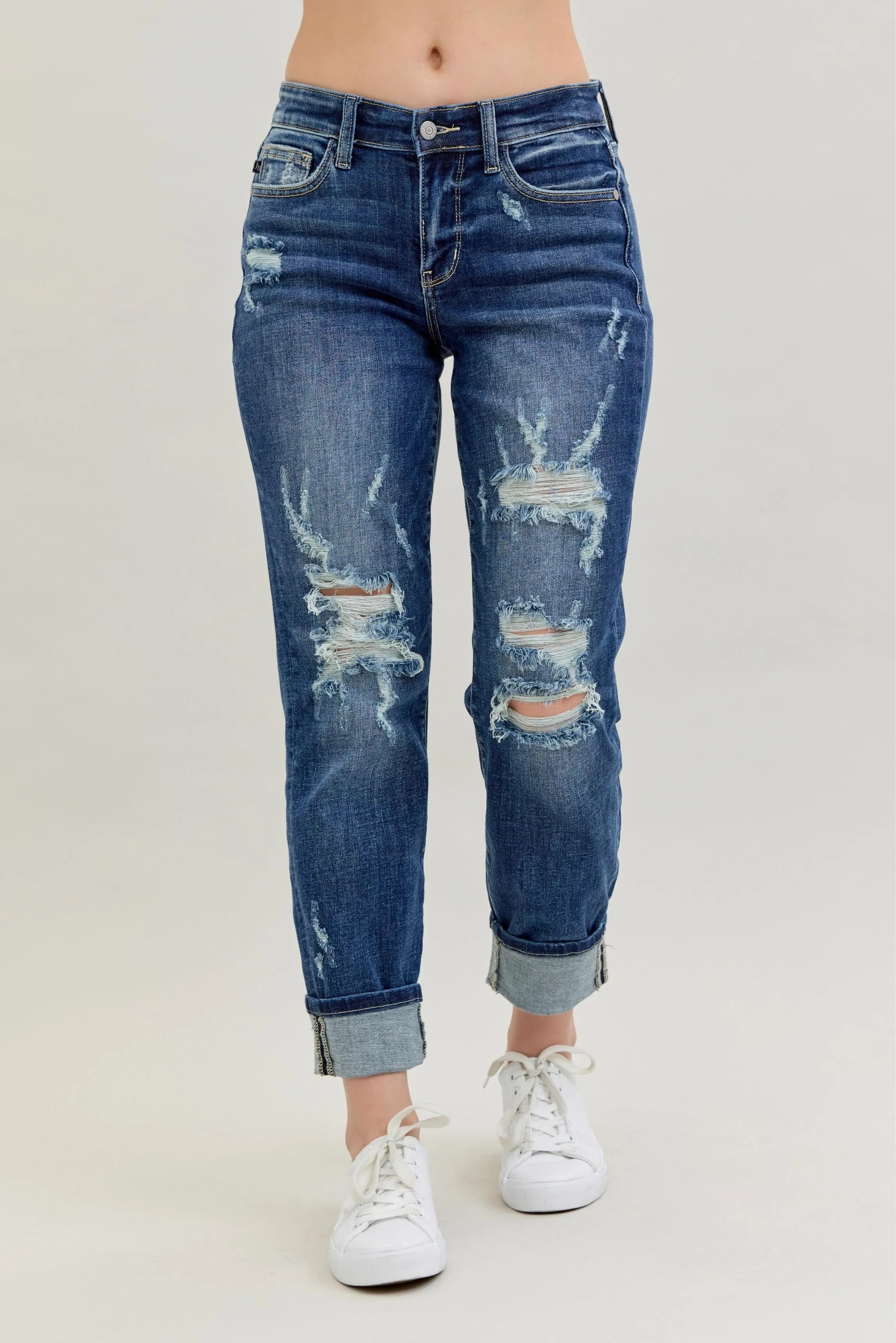 Judy Blue Full Size Mid Rise Cuffed Destroy Bf Jeans Plus Size MD OutfitFlow