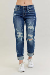 Judy Blue Full Size Mid Rise Cuffed Destroy Bf Jeans Plus Size MD OutfitFlow